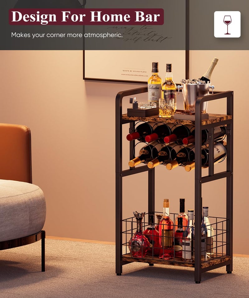 Ansionsol 3-Tier Wine Rack Freestanding Floor with Wood Top, Liquor Stand with Wine Bottle Holder, Corner Wine Bar Table for Small Space, Metal Whiskey Shlef for Kitchen, Cellar, Living Room, Black - Image 5