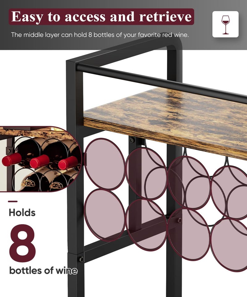 Ansionsol 3-Tier Wine Rack Freestanding Floor with Wood Top, Liquor Stand with Wine Bottle Holder, Corner Wine Bar Table for Small Space, Metal Whiskey Shlef for Kitchen, Cellar, Living Room, Black - Image 2