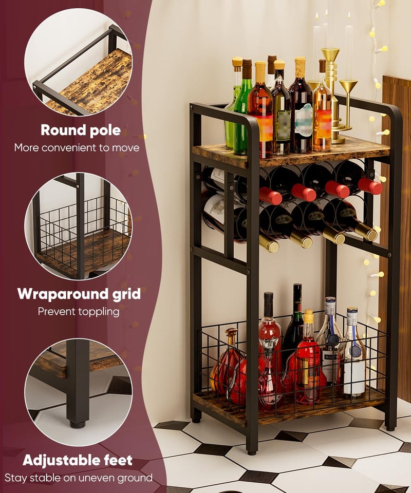 Ansionsol 3-Tier Wine Rack Freestanding Floor with Wood Top, Liquor Stand with Wine Bottle Holder, Corner Wine Bar Table for Small Space, Metal Whiskey Shlef for Kitchen, Cellar, Living Room, Black - Image 4