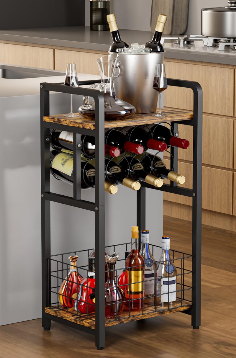 Ansionsol 3-Tier Wine Rack Freestanding Floor with Wood Top, Liquor Stand with Wine Bottle Holder, Corner Wine Bar Table for Small Space, Metal Whiskey Shlef for Kitchen, Cellar, Living Room, Black - Image 1