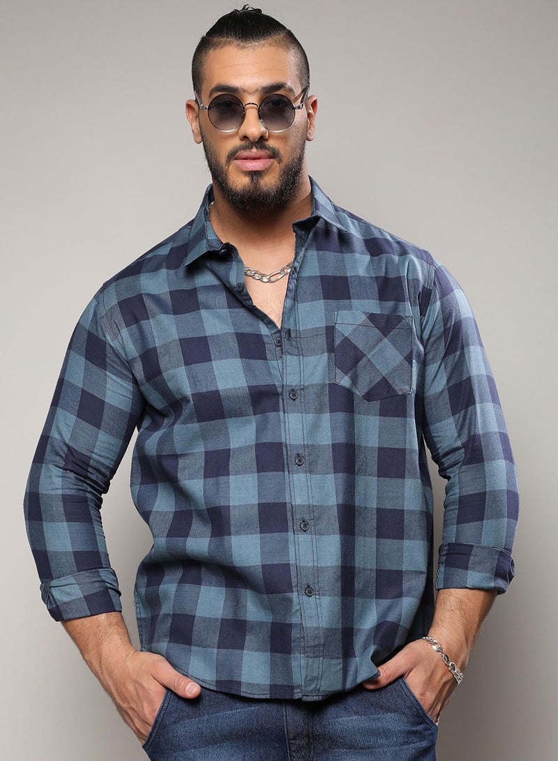 Instafab Plus Men's Prussian Blue Buffalo Check Shirt For Casual Wear | Spread Collar | Long Sleeve | Button Closure | Shirt Crafted With Comfort Fit For Everyday Wear - Image 1