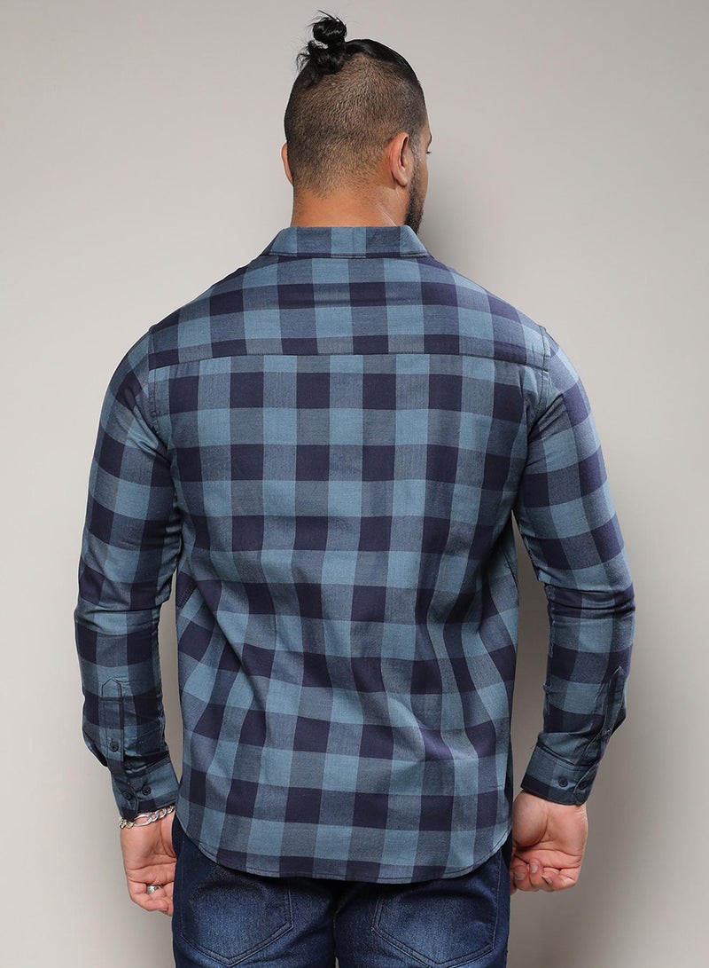 Instafab Plus Men's Prussian Blue Buffalo Check Shirt For Casual Wear | Spread Collar | Long Sleeve | Button Closure | Shirt Crafted With Comfort Fit For Everyday Wear - Image 5