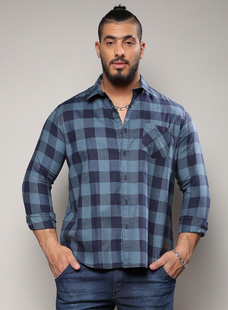Instafab Plus Men's Prussian Blue Buffalo Check Shirt For Casual Wear | Spread Collar | Long Sleeve | Button Closure | Shirt Crafted With Comfort Fit For Everyday Wear - Image 2