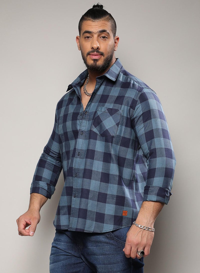 Instafab Plus Men's Prussian Blue Buffalo Check Shirt For Casual Wear | Spread Collar | Long Sleeve | Button Closure | Shirt Crafted With Comfort Fit For Everyday Wear - Image 3