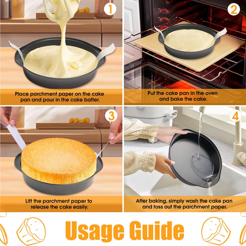 tutikuki 8" Round Cake Pan, 3PCS Nonstick Cake Pans with 100 PCS Parchment Paper, Carbon Steel Cake Baking Pans with Handle, Dishwasher Safe - Image 5