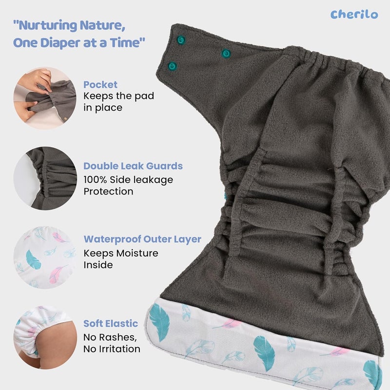Cherilo حفاضة قماش قابلة لإعادة الاستخدام من شيريلو للمواليد الجدد من 0 إلى 3 سنوات، مانعة للتسرب، حفاضات قماش قابلة للغسل، بدون تسرب جانبي، حفاضة جيب بحجم قابل للتعديل (حفاضة بنمط ناعم كريمي + 1 إدخال) - Image 3