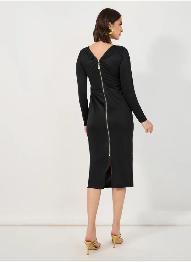 Styli Exposed Back Zipper Detail Bodycon Midi Dress