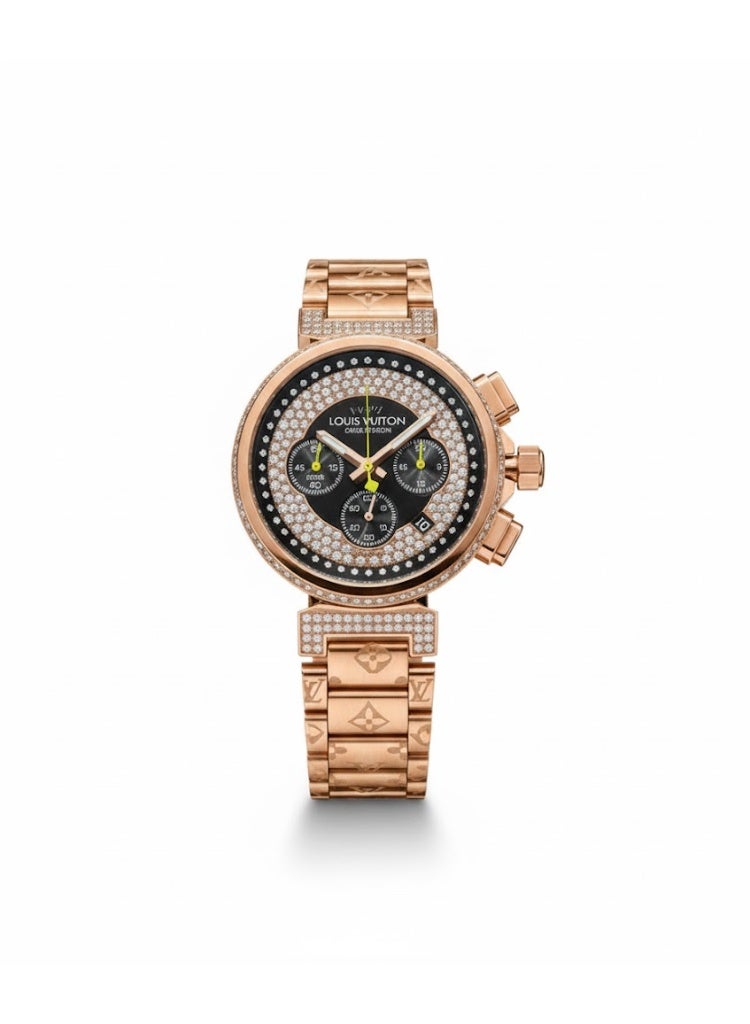 لويس فويتون ساعة كرونوغراف نسائية من لويس فويتون، مطلية بالذهب الوردي ومرصعة بالألماس