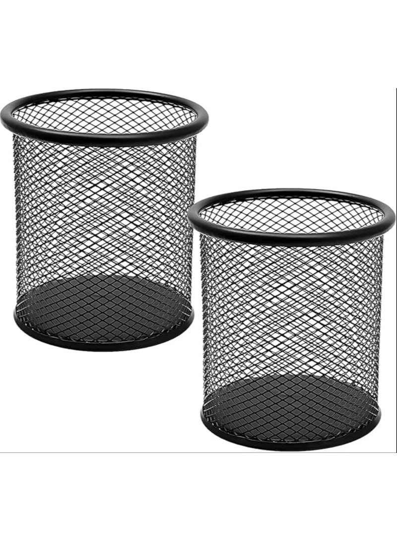 2-Piece Black Metal Mesh Pen Holder Set – Round Steel Desk Organizer for Office, School & Home – Pencil Cup, Scissor & Stationery Storage – Durable Wire Mesh Cylinder Design. - Image 1