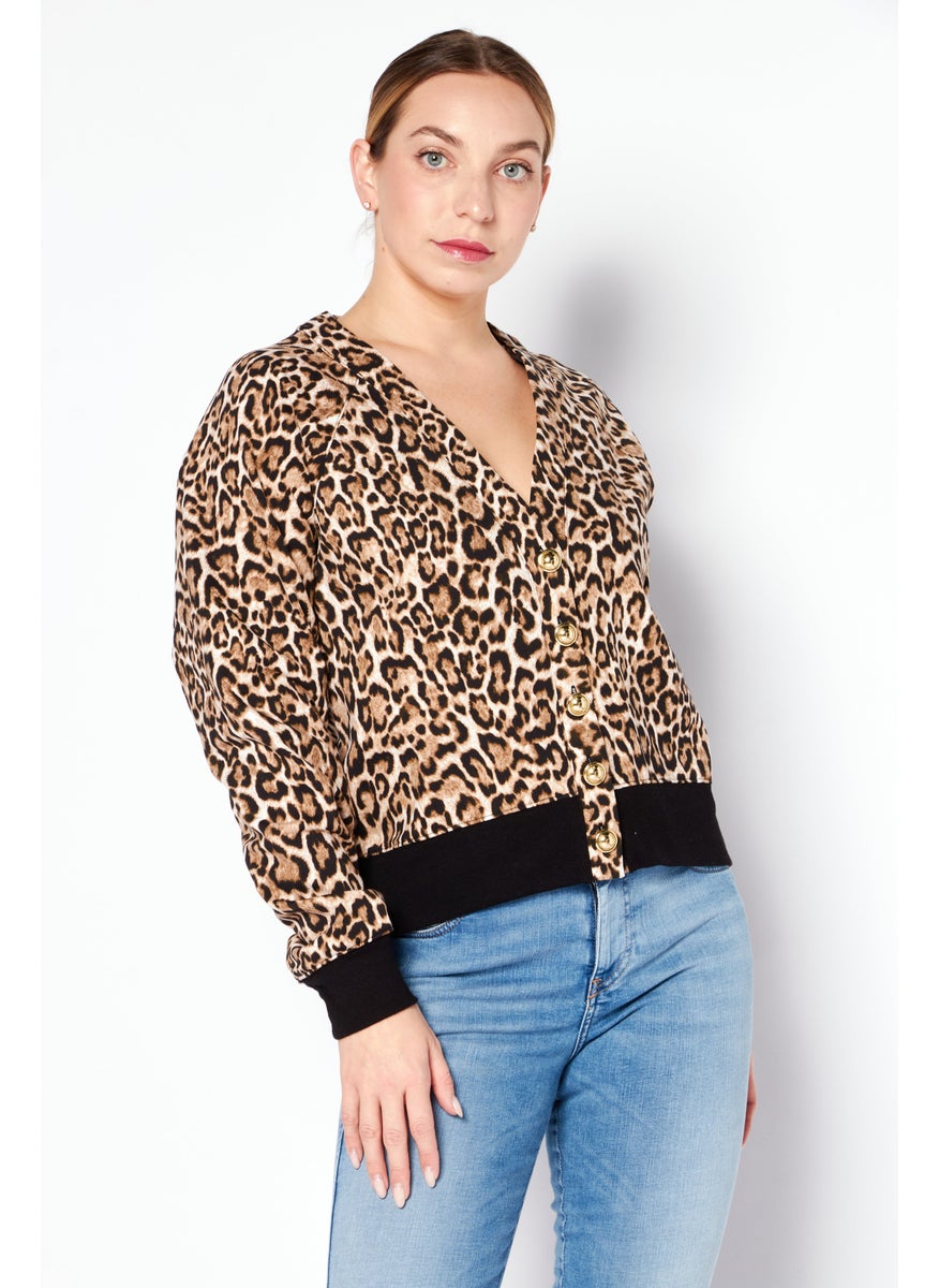 Michael Kors - Women V Neck Long Sleeve Animal Cardigan, Brown - Image 1