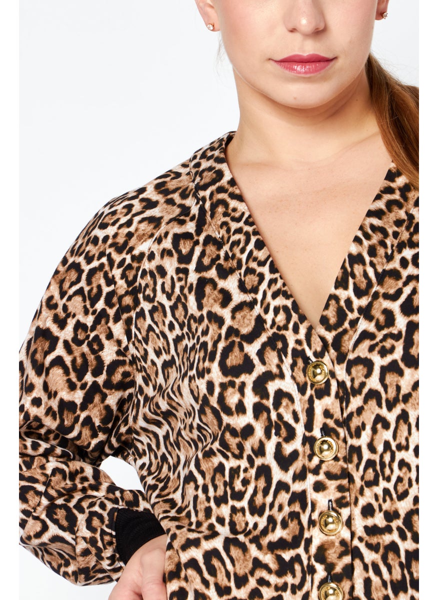 Michael Kors - Women V Neck Long Sleeve Animal Cardigan, Brown - Image 1