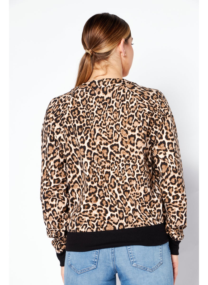 Michael Kors - Women V Neck Long Sleeve Animal Cardigan, Brown - Image 1