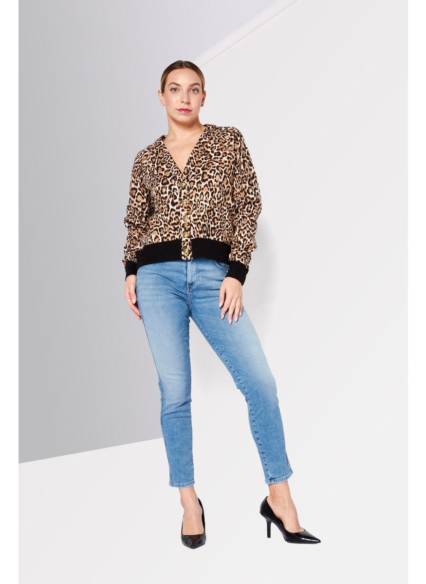 Michael Kors - Women V Neck Long Sleeve Animal Cardigan, Brown - Image 1