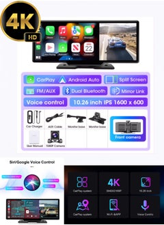 10.26 inch touch screen car multimedia Wi-Fi video player wireless screen for all types of cars and trucks for Android devices front 4K and rear camera ,With Siri/Google voice commands