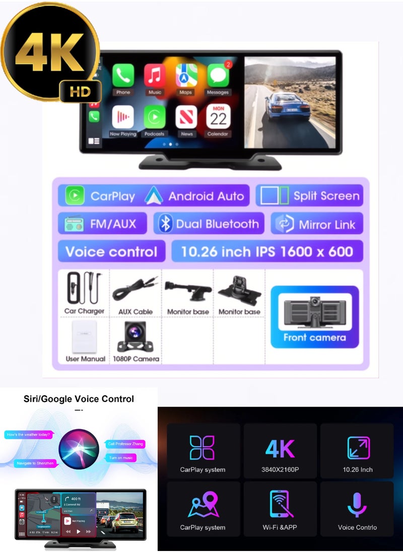 Generic - 10.26 inch touch screen car multimedia Wi-Fi video player wireless screen for all types of cars and trucks for Android devices front 4K and rear camera ,With Siri/Google voice commands - Image 1