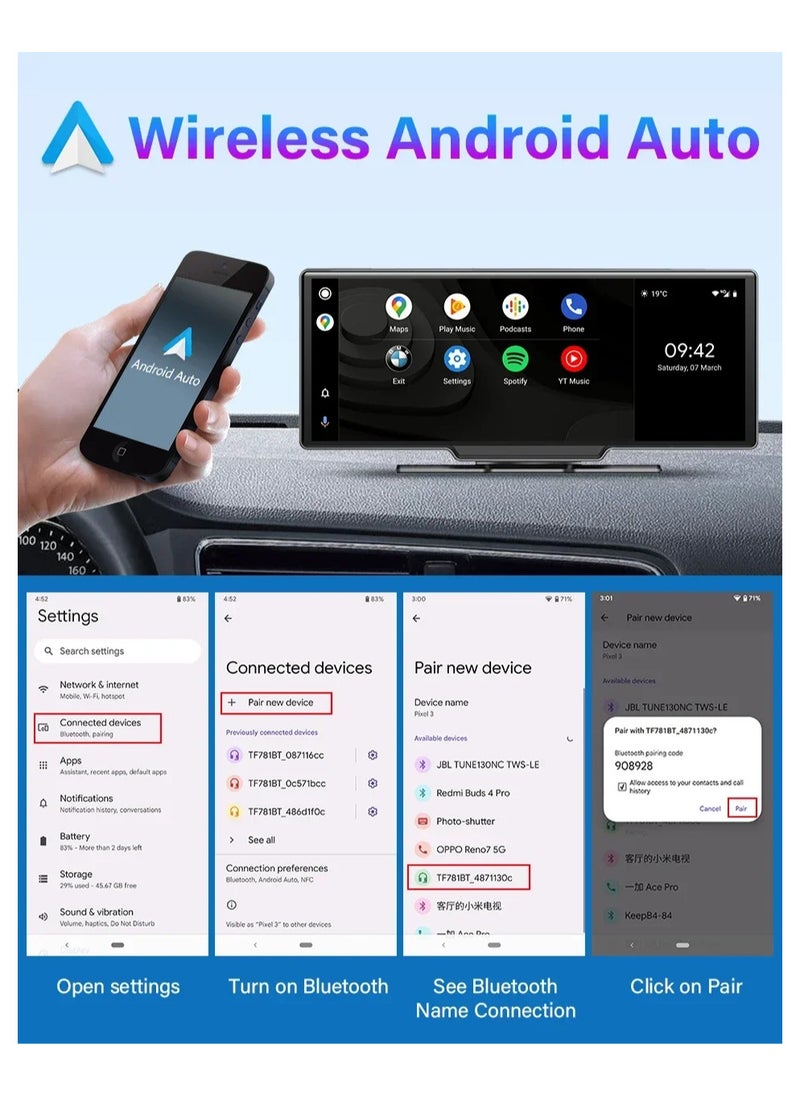 Generic - 10.26 inch touch screen car multimedia Wi-Fi video player wireless screen for all types of cars and trucks for Android devices front 4K and rear camera ,With Siri/Google voice commands - Image 1