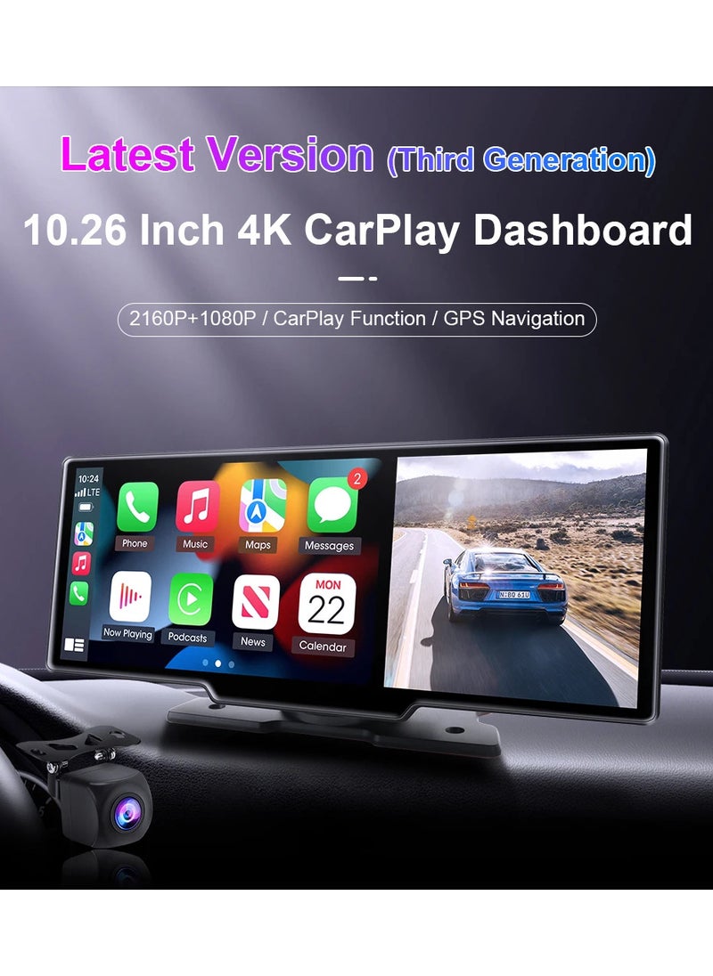 Generic - 10.26 inch touch screen car multimedia Wi-Fi video player wireless screen for all types of cars and trucks for Android devices front 4K and rear camera ,With Siri/Google voice commands - Image 1