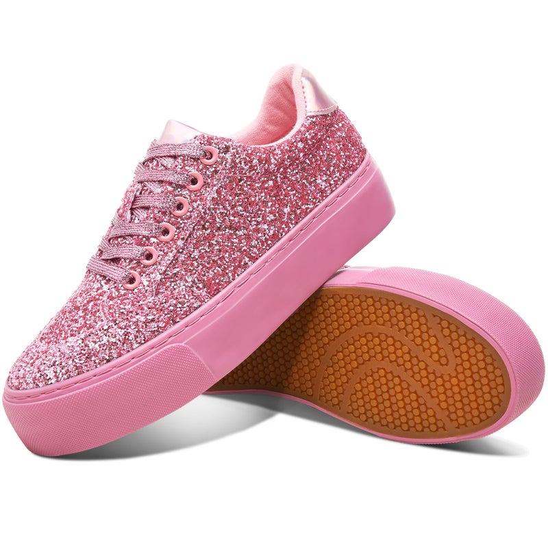 Jeekopeg حذاء جيكوبغ بلي glitter للنساء - أحذية كاجوال مزينة بالخرز اللامع - أحذية سميكة للتمشية - أحذية زفاف لامعة للنساء (بريق وردي، US9) - Image 1