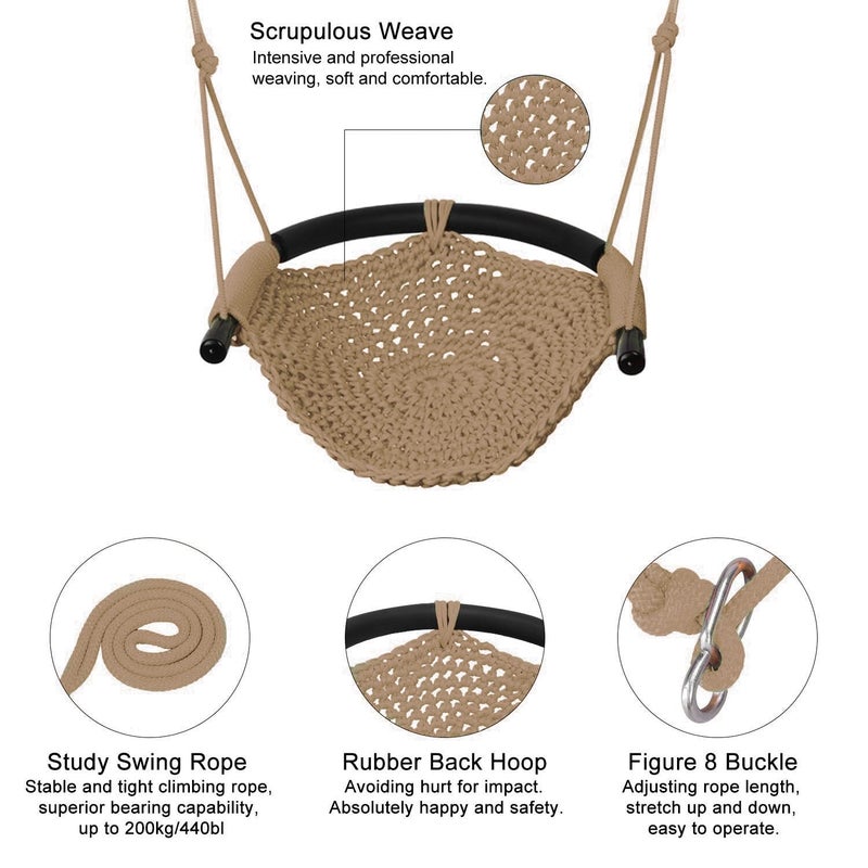 JKsmart Toddler Swing, Swing Seat for Kids Heavy Duty Rope Play Secure Children Swings Set, Perfect for Indoor,Outdoor,Playground,Home,Tree,with Snap Hooks & Straps,440 lbs Capacity, Light Brown - Image 4