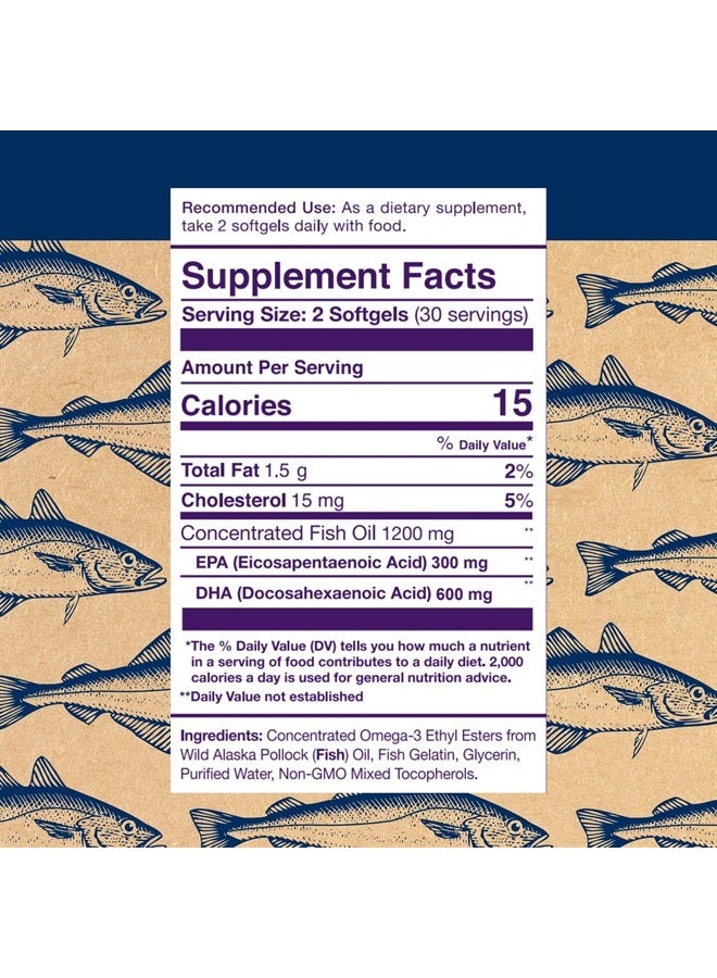 Wiley's Finest Wild Alaskan Fish Oil Prenatal DHA - 720mg EPA and DHA Omega-3s for Pregnant Women and Nursing Mothers - 60 Softgels (30 Prenatal Vitamin Servings) - Image 1