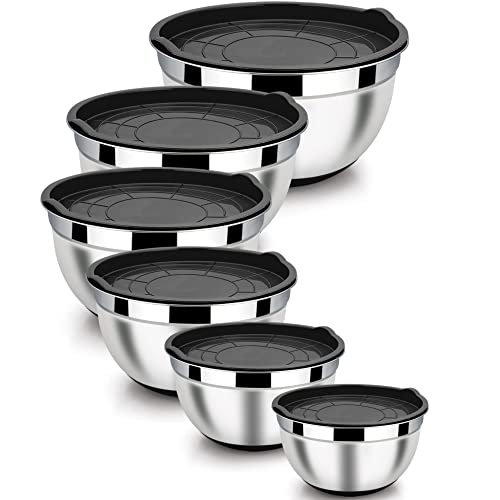 LIANYU Stainless Steel Nesting Mixing Bowls Set of 6 with Airtight Lids, Size 7, 3.5, 2.5, 2, 1.5, 1QT, Large Metal Bowls for Baking Cooking Food Storage, Non-slip Bottom, Black - Image 1