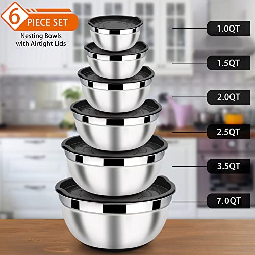LIANYU Stainless Steel Nesting Mixing Bowls Set of 6 with Airtight Lids, Size 7, 3.5, 2.5, 2, 1.5, 1QT, Large Metal Bowls for Baking Cooking Food Storage, Non-slip Bottom, Black - Image 2