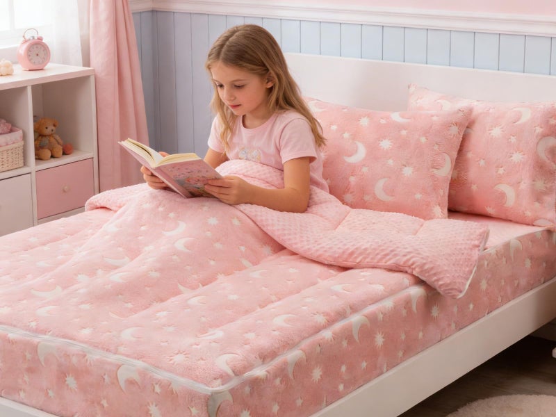 Aimuan Kids Zippered Comforter Set - Moon & Star Glow in The Dark Fleece Zipper Bedding for Girls (Twin, Pink-White) - Image 3