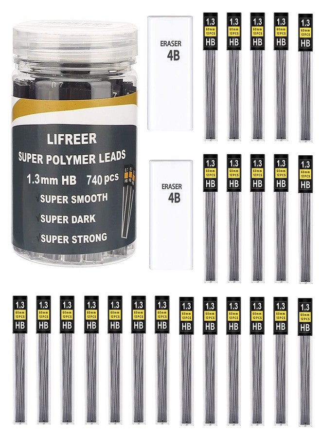 Lifreer 1.3mm Unbreakable Pencil Refills (740 Pcs), 2 Premium Erasers, Long Lasting HB Pencil Lead for Students & Professionals - Image 1