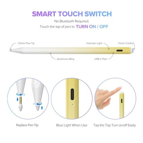 JAMJAKE Stylus Pen for iPad 6th-11th Generation-2X Fast Charge Active Pencil Compatible with 2018-2025 Apple iPad Pro 11"/12.9"/M4, iPad Air 3/4/5/M2/M3,iPad mini 5/6 Gen-White Yellow - Image 5