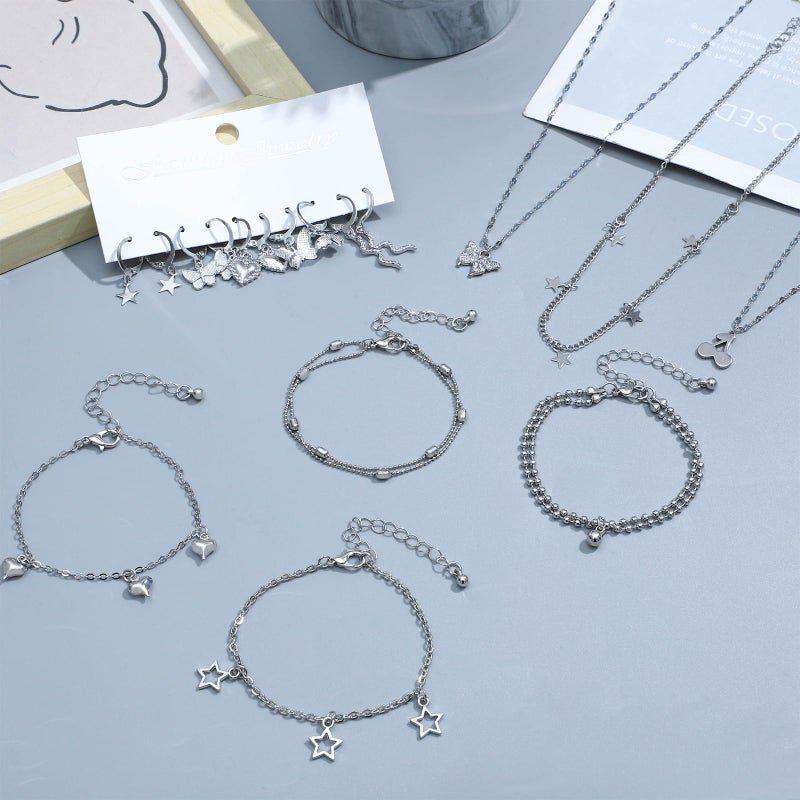 NEWITIN 45 Pieces Silver Jewelry Set for Women Party Costume Punk Jewelry Set Goth Grunge Y2k Accessories Vintage Gothic Necklaces Bracelets Earrings Rings for Women Men - Image 2