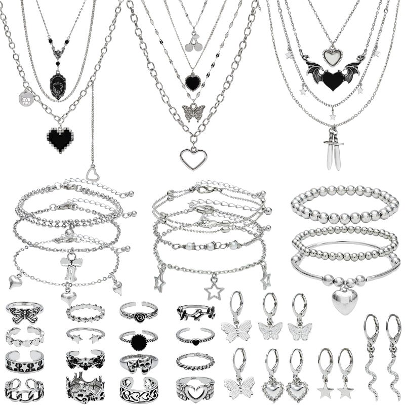 NEWITIN 45 Pieces Silver Jewelry Set for Women Party Costume Punk Jewelry Set Goth Grunge Y2k Accessories Vintage Gothic Necklaces Bracelets Earrings Rings for Women Men - Image 1