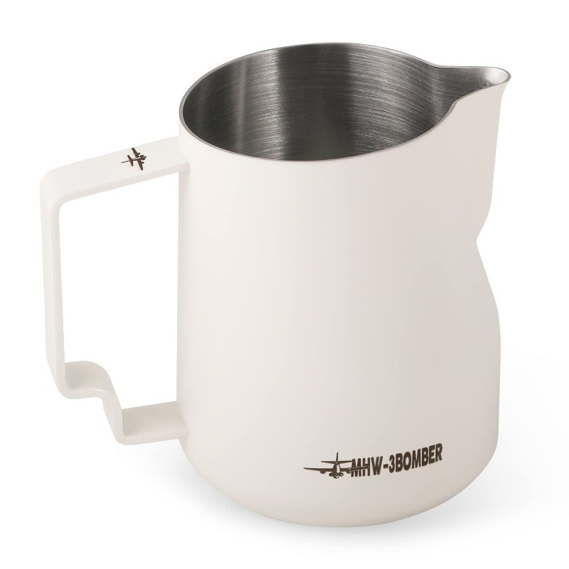 MHW-3BOMBER MHW3BOMBER Milk Frothing Pitcher 12oz350ml Milk Frother Cup Espresso Steaming Pitcher Stainless Steel Milk Frother Cup Barista Latte Art Round Spout Milk Jug White P6013WOS 
