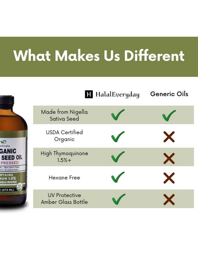 HalalEveryDay - Organic Black Seed Oil Usda Certified Cold Pressed Glass Bottle 16Oz Over 1.5% Thymoquinone Turkish Black Cumin Nigella Sativa Nongmo 100% Pure Blackseed Oil - Image 1