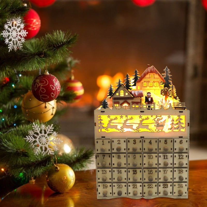 Wooden Advent Calendar: 24 Numbered Drawers, Durable High-Quality Plywood - Festive House Tree Santa Elk Pattern, Christmas Countdown Calendar for Home Holiday Decor