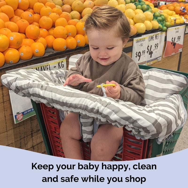 سوزي غطاء عربة التسوق Suessie وغطاء الكرسي العالي مع وسادة دعم مسند (شريط رمادي وأبيض مع وسادة) - Image 2