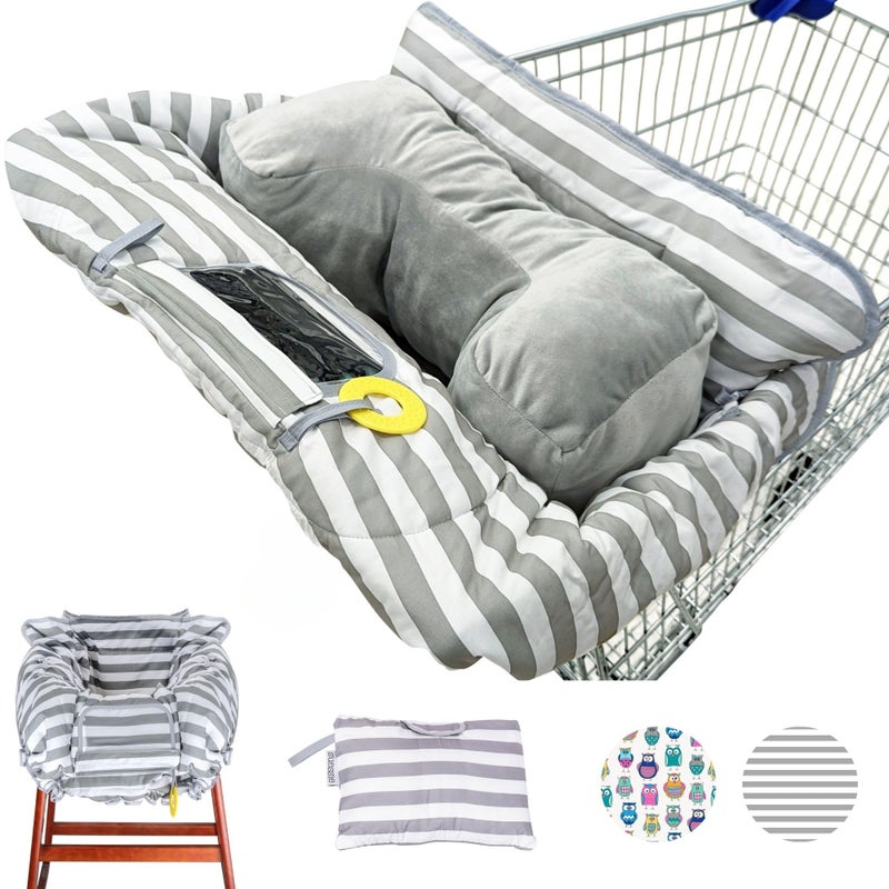 سوزي غطاء عربة التسوق Suessie وغطاء الكرسي العالي مع وسادة دعم مسند (شريط رمادي وأبيض مع وسادة) - Image 1