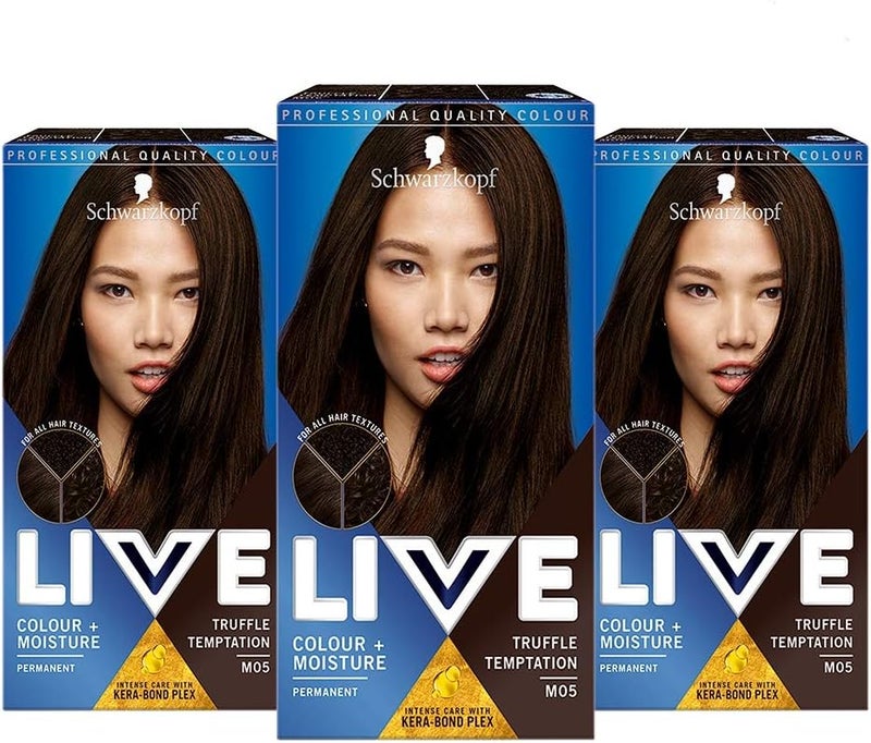 Live Schwarzkopf Live Colour Moisture Brown Hair Dye 3 Pack Permanent Intense Care with KeraBond Plex Covers Greys M05 Truffle Tempt