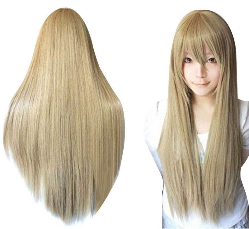 ANOGOL Hair Cap32Inch80cm Long Blonde Wig With Bangs Peluca Rubia Wig for Cosplay Synthetic Ash Blonde Wig with Bangs for Anime Cosplay Women Straight Blond Wigs for Women Halloween Costume Party