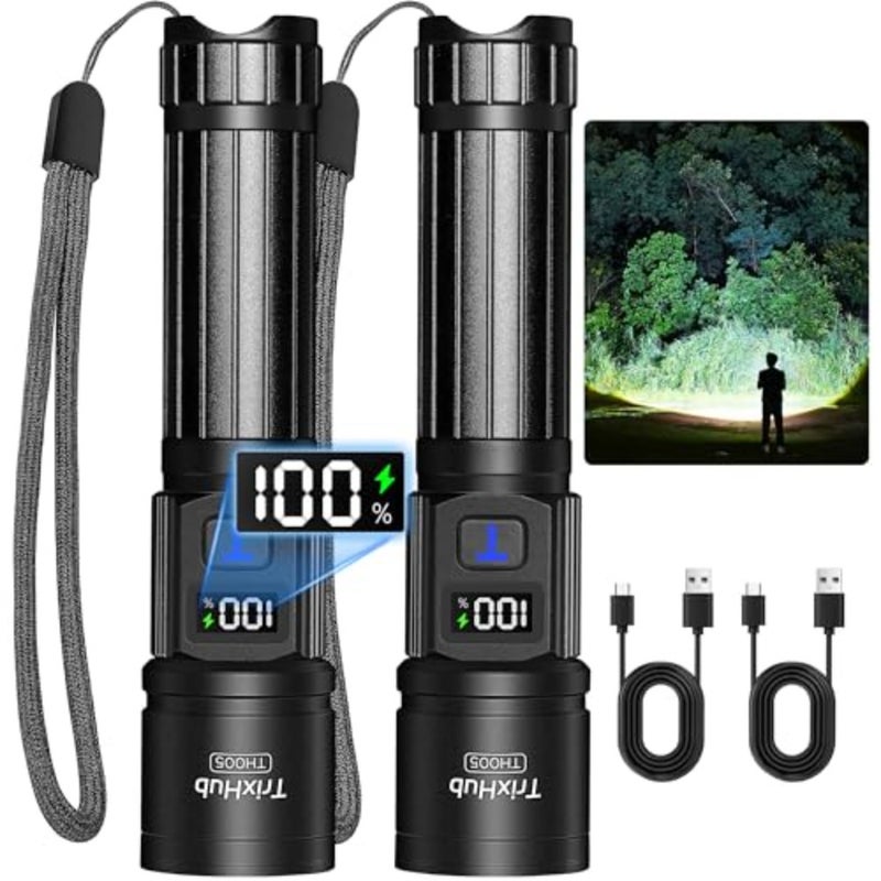 Rechargeable Flashlights, Super Bright High Lumens Flash Light, 5 Modes Zoomable Linternas with LCD Digital Display, Powerful Handheld LED Flashlights for Home Emergencies Camping - Image 1