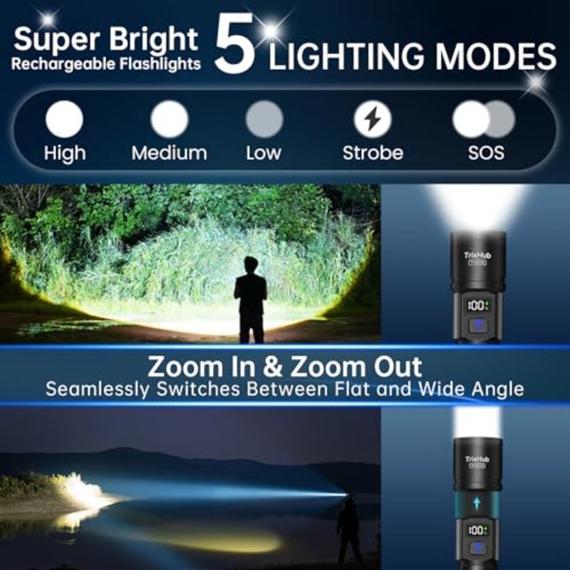 Rechargeable Flashlights, Super Bright High Lumens Flash Light, 5 Modes Zoomable Linternas with LCD Digital Display, Powerful Handheld LED Flashlights for Home Emergencies Camping - Image 2