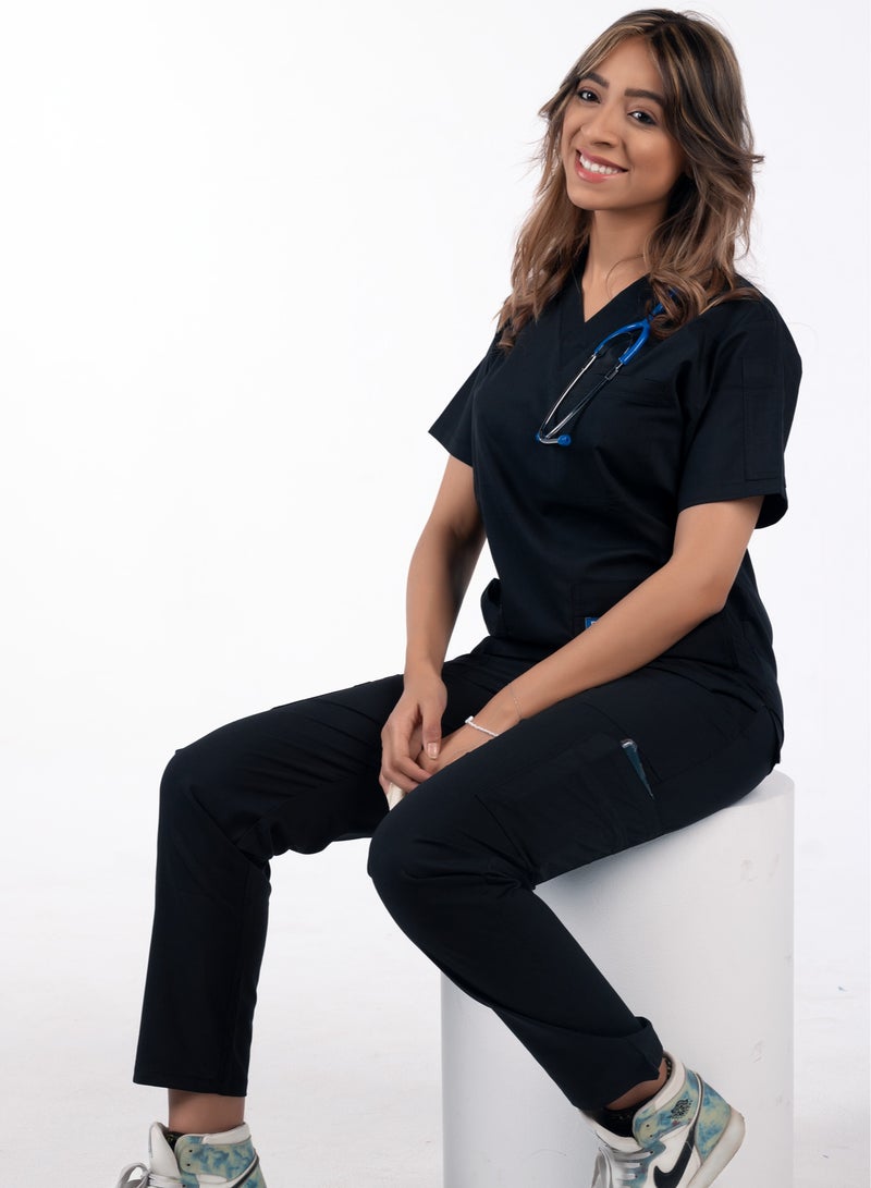 RZ Women's black medical scrub, made of a high-quality blend of lycra and polyester. It is extremely soft and comfortable, making it ideal for medical environments. It consists of two pieces and provides excellent flexibility for movement throughout the day.  - Image 1
