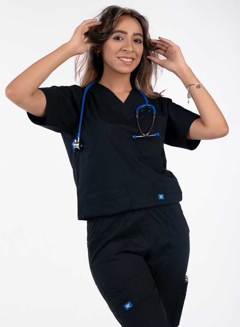 RZ Women's black medical scrub, made of a high-quality blend of lycra and polyester. It is extremely soft and comfortable, making it ideal for medical environments. It consists of two pieces and provides excellent flexibility for movement throughout the day.  - Image 2