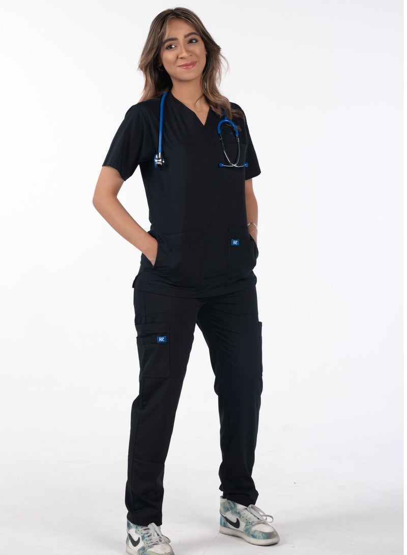 RZ Women's black medical scrub, made of a high-quality blend of lycra and polyester. It is extremely soft and comfortable, making it ideal for medical environments. It consists of two pieces and provides excellent flexibility for movement throughout the day.  - Image 3