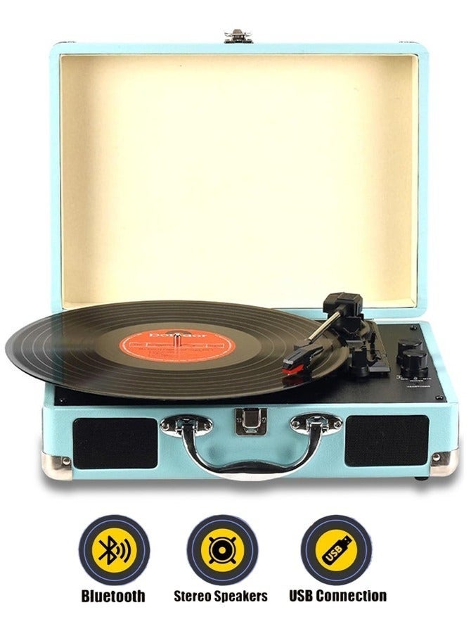 والالا مشغل أسطوانات فينيل سي دي ريترو، حقيبة سفر محمولة مزودة ببلوتوث، جرامافون فونوغراف مع مكبرات صوت مدمجة، تشغيل لاسلكي بتقنية البلوتوث، سماعات رأس بإيقاف التشغيل التلقائي، للترفيه والديكور المنزلي (أزرق) - Image 1
