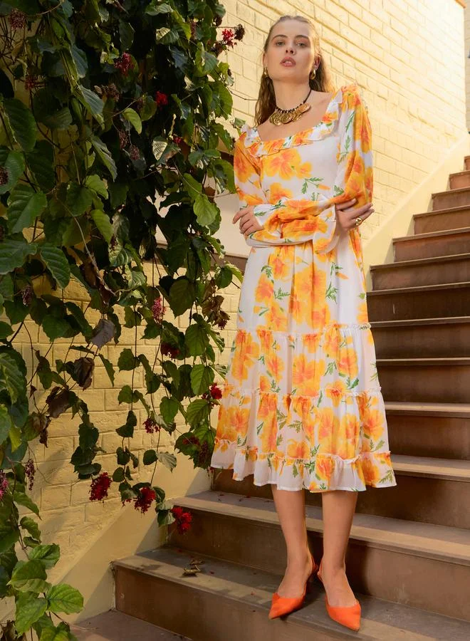 SASSAFRAS Sassafras Floral Print Ruffled Tiered Midi Dress