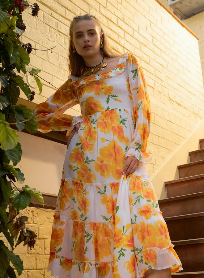 SASSAFRAS Sassafras Floral Print Ruffled Tiered Midi Dress