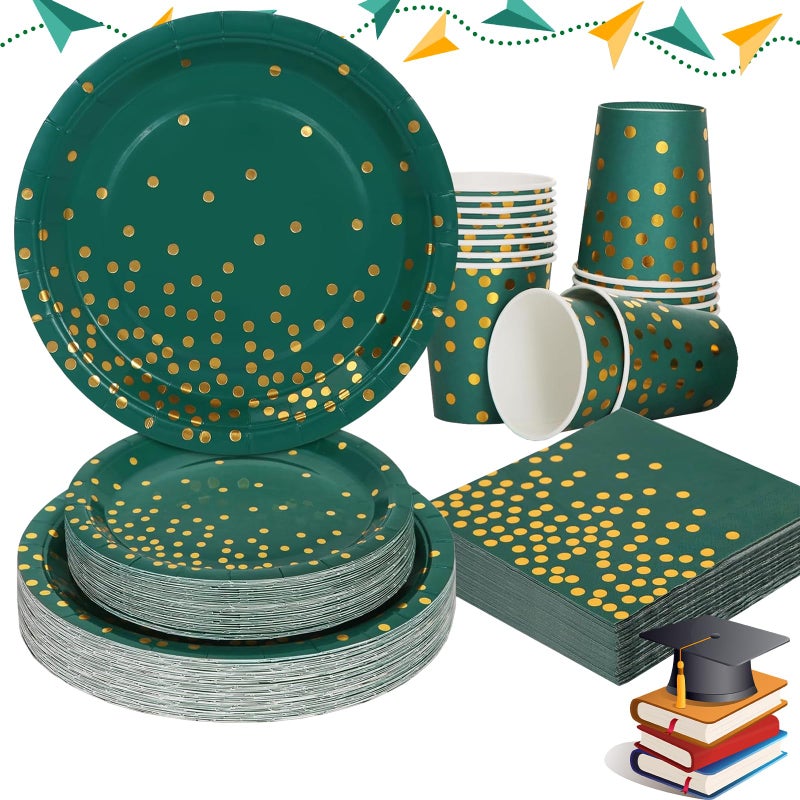 Gudvilla Green and Gold Party Decorations 200Pcs Emerald Green Plates and Napkins Party Supplies Birthday Plates for Fathers Day Graduation Decorations