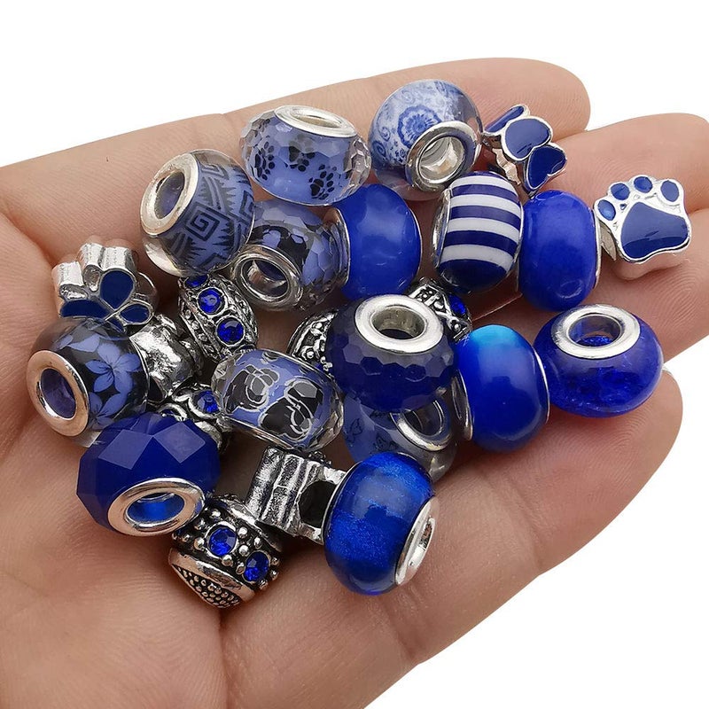 50pcs Assorted Dark Blue Resin Imitation Glass European Large Hole Beads Rhinestone Metal Spacer Charms Bead Assortments for DIY Crafts Bracelets Necklaces Jewelry Making M572Dark Blue