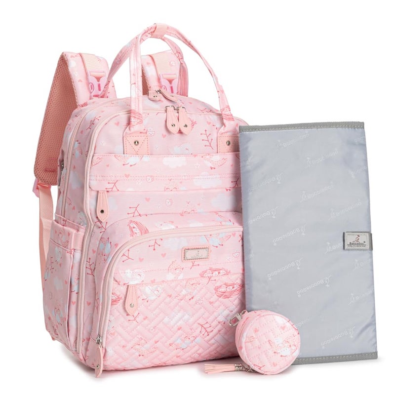 BabbleRoo BabbleRoo Diaper Bag Backpack Baby Essentials Travel Essentials Baby Bag with Changing Pad Stroller Straps Pacifier Case Unisex Pink Birdy