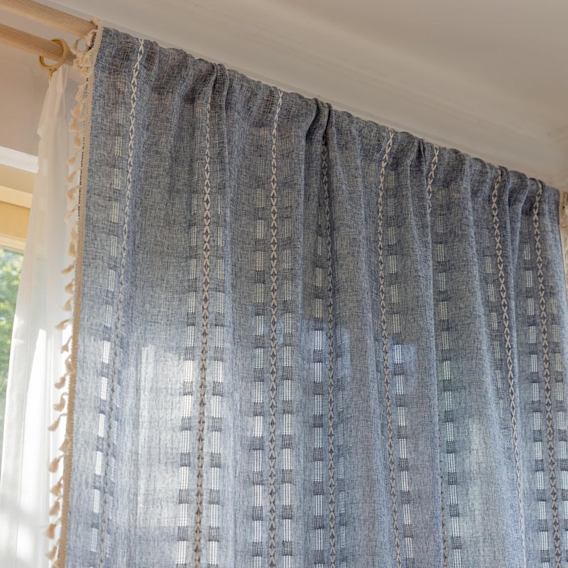 Sutuo Home Boho Curtains 84 inches Long for Bedroom Living Room,Light Filtering Farmhouse Hollow Vintage Chic Tassels Window Treatment Bohemian Drape Decor Rod Pocket,1 Panel,52" W x 84" L,Denim Blue - Image 5